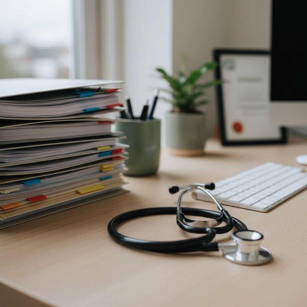 A close-up of a modern doctor’s desktop workspace in a Dutch huisarts practice, showing a high-quality silver stethoscope coiled beside a slim wireless keyboard on a pale oak desk. A structured stack of patient folders with color-coded tabs is positioned to the side, next to a muted green ceramic pen holder. Soft overcast daylight from an unseen window highlights the smooth textures of metal and paper, casting gentle, organized shadows. Photographed from a slightly elevated angle with shallow depth of field, the foreground in crisp focus and background softly blurred. The mood is focused, reliable, and warm, reinforcing professional, patient-centered care in a clean, contemporary, photographic style.